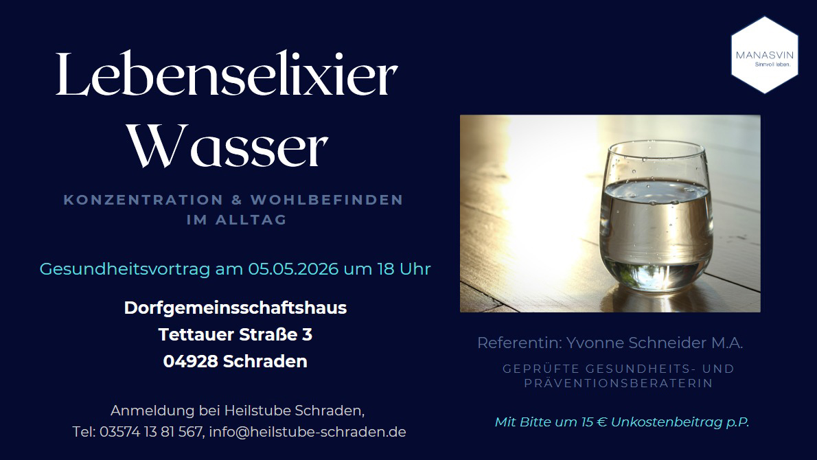 Flyer zum Gesundheitsvortrag 'Lebenselexier Wasser' am 05.05.2026 18 Uhr im Dorfgemeinschaftshaus in Schraden